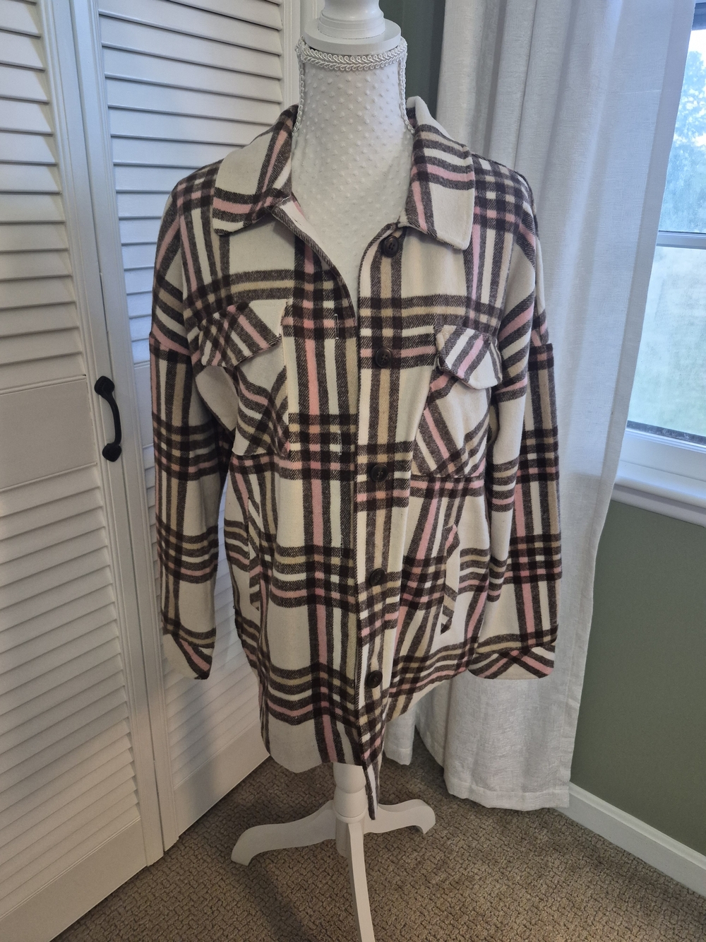Cavalini Cream Plaid Utility Jacket with Pink & Brown Stripes